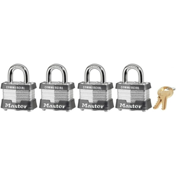 Master Lock Keyed Padlock, 5/8 in,Rectangle,Slvr,PK4 3QCOM
