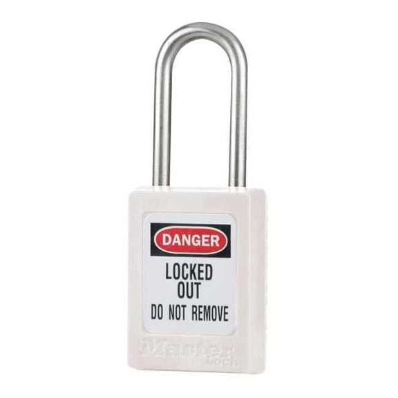 Lockout Padlock, Keyed Different, Thermoplastic, White, 1 1/2 in Shackle Height, 1 No. of Keys