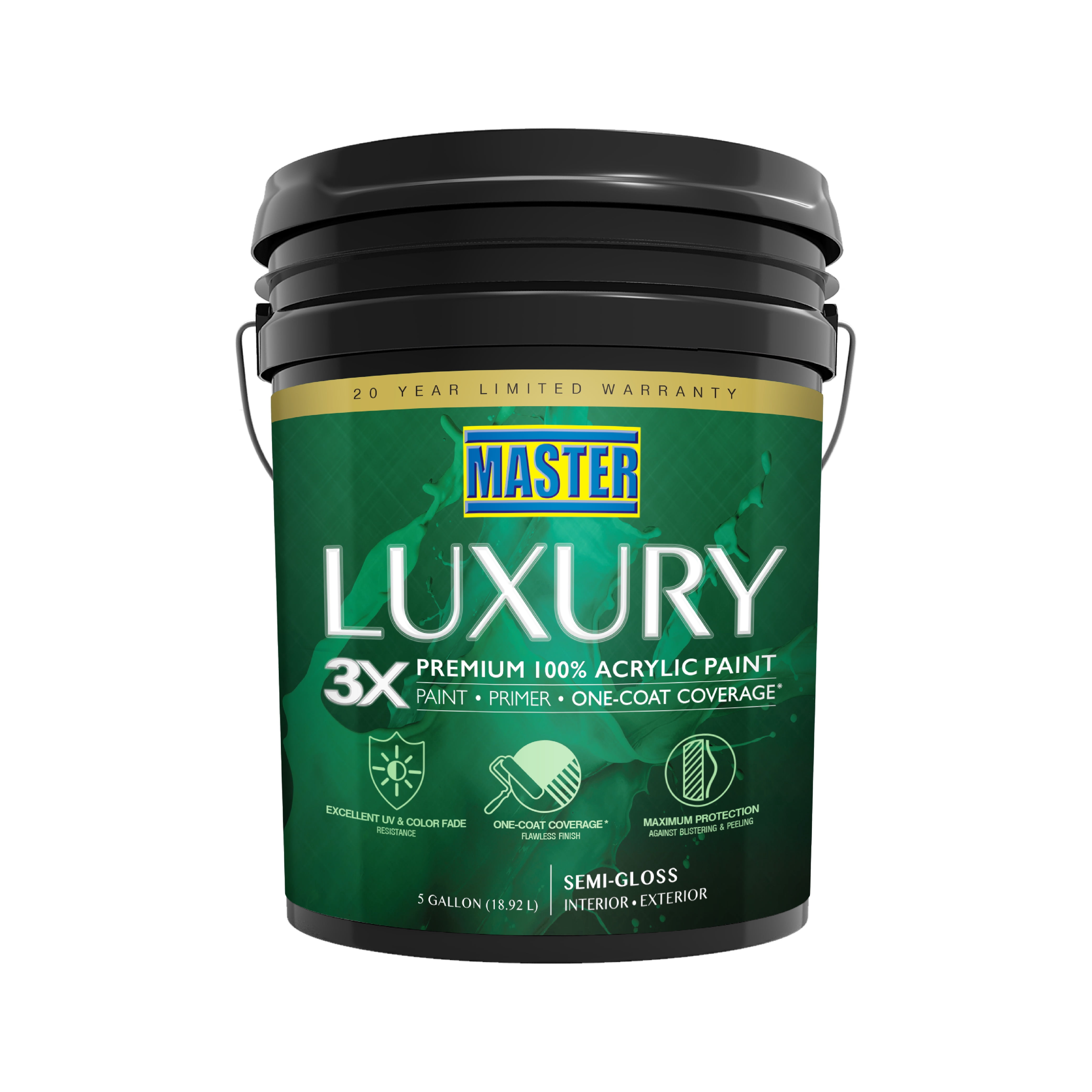 Master Luxury 3X Premium 100% Acrylic Paint Primer and One Coat Coverage Interior/ Exterior Semi Gloss White 5 gal