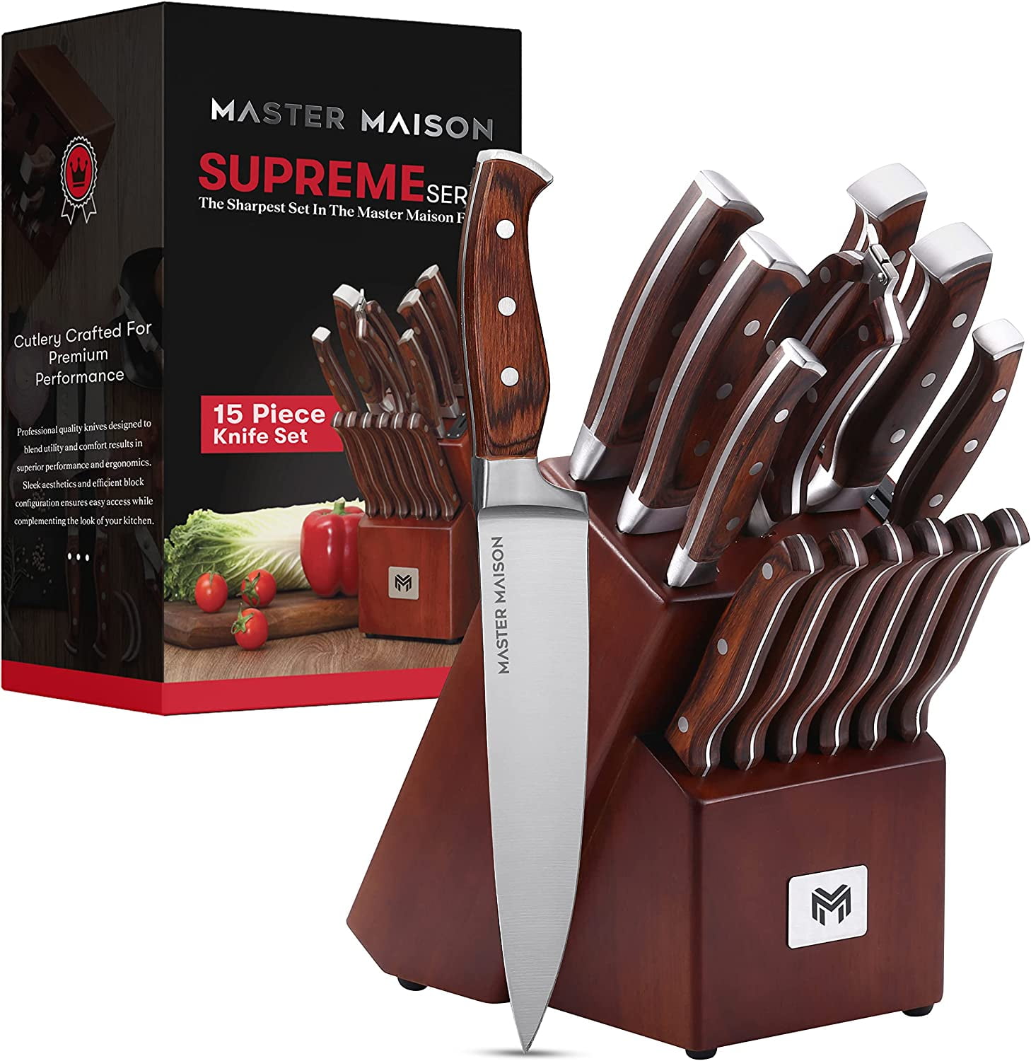 Master Maison 15-Piece Premium Kitchen Knife Set With Block | Master Maison  German Stainless Steel Knives With Knife Sharpener & 6 Steak Knives