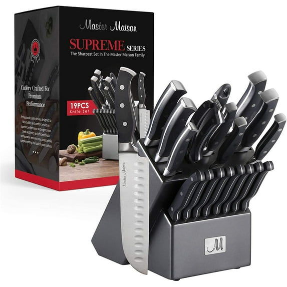 Master Maison 19-Piece Premium Kitchen Knife Set With Wooden Block | Master Maison German Stainless Steel Cutlery With Knife Sharpener & 8 Steak Knives (Gray)