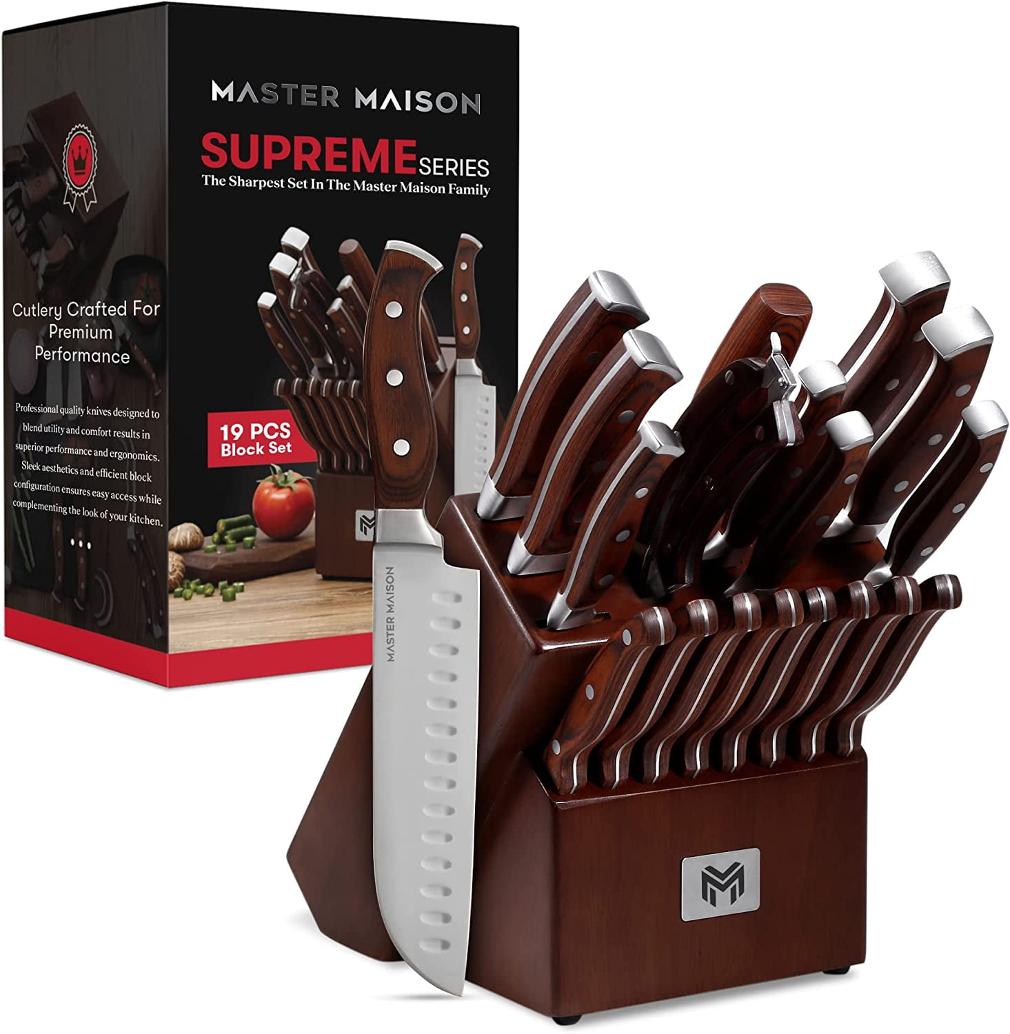 Master Maison 19-Piece Premium Kitchen Knife Set With Wooden Block | Master Maison German Stainless Steel Cutlery With Knife Sharpener & 8 Steak Knives (Walnut)