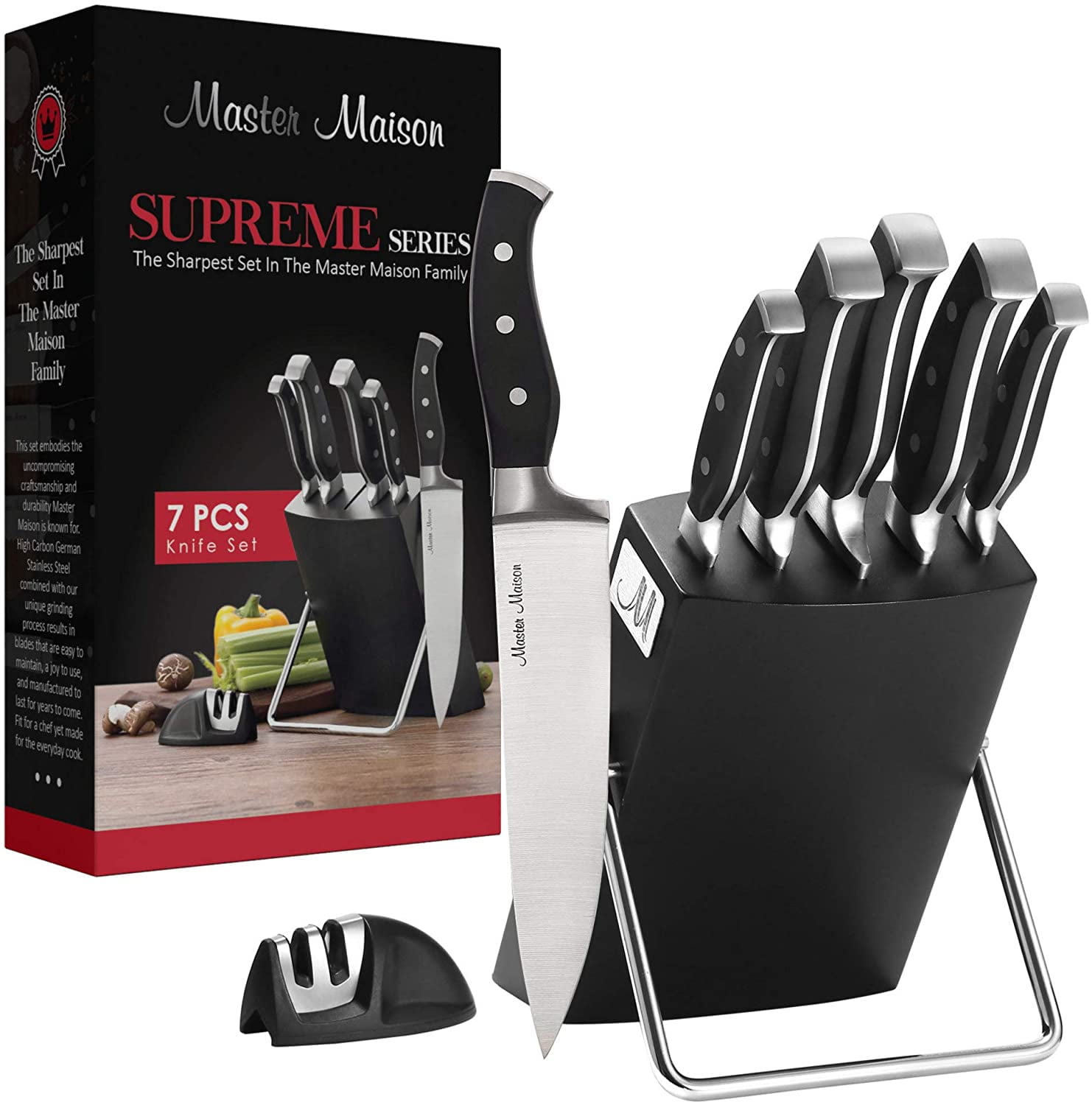 Master Maison 7-Piece Premium Black Kitchen Knife Set with Knife Block & Dual Knife Sharpener | Professional Butcher Block Knife Set For Kitchen | Chef Knife Sets