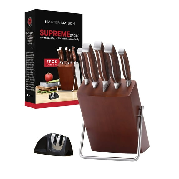 Master Maison 7-Piece Premium Walnut Kitchen Knife Set with Knife Block & Dual Knife Sharpener German Stainless Steel Knives | Professional Butcher Block Knife Set For Kitchen | Chef Knife Sets