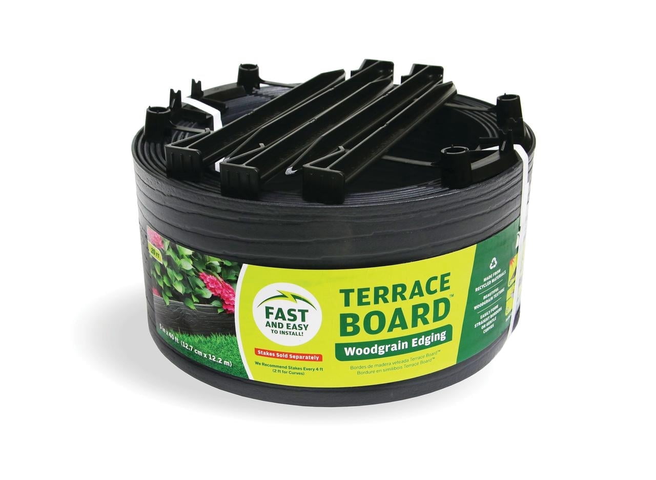 Master Mark Terrace Board 5-Inch x 20-Ft Plastic Garden Edging Border, Black Wood Grain, Flexible & Durable, Includes 5 Anchoring Stakes, Made in USA - Ideal for Landscape Edging & Garden Fence