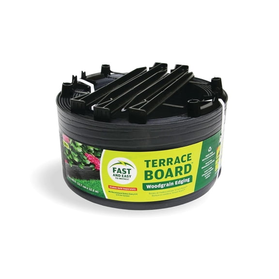 Master Mark Terrace Board 5-Inch x 20-Ft Plastic Garden Edging Border, Black Wood Grain, Flexible & Durable, Includes 5 Anchoring Stakes, Made in USA - Ideal for Landscape Edging & Garden Fence