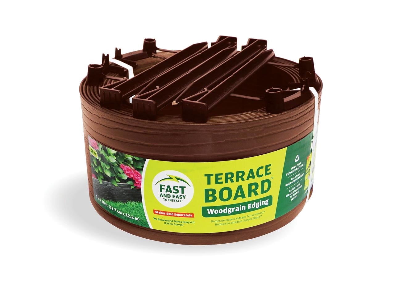 Master Mark Terrace Board 5-Inch x 20-Ft Plastic Garden Edging Border, Brown Wood Grain, Flexible & Durable, Includes 5 Anchoring Stakes, Made in USA - Ideal for Landscape Edging & Garden Fence