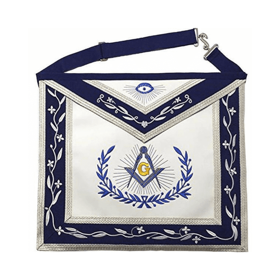 Master Mason Blue Lodge Apron Navy Blue & White with Silver Braids, Adjustable Belt, Rear Pocket, and Premium Embroidery(Satin/Silk)