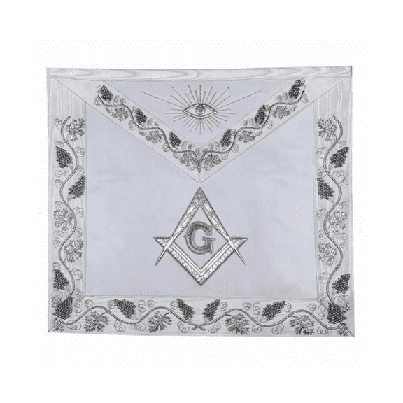 Master Mason Blue Lodge Apron - White Moire Ribbon with Silver Hand Embroidery, Adjustable Belt with Snake Fitting, Rear Pocket