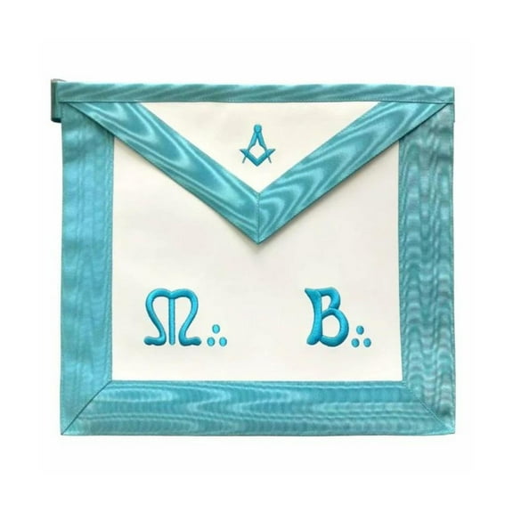 Master Mason French Apron – Sky Blue Moiré with Square & Compass Emblem, Elegant Masonic Regalia