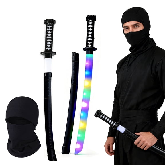 Master Ninja LED Prop Toy Sword 2 PCS Set and Black Ninja Hat with Glowing and Role-playing Sound Effects Perfect for Halloween Cosplay Birthday Gift (Master Black sword, Ninja Hat)
