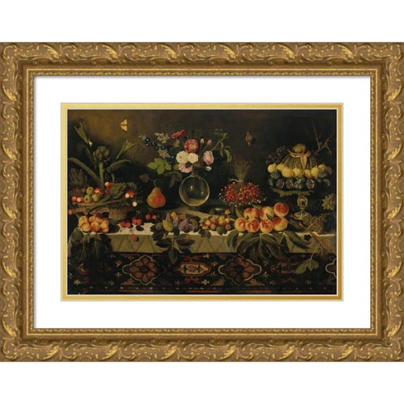 Master Of The Hartford Still Life 18x14 Gold Ornate Wood Frame and Double Matted Museum Art Print Titled - A Draped Table Laden with Fruit and Flowers in a Glass Vase