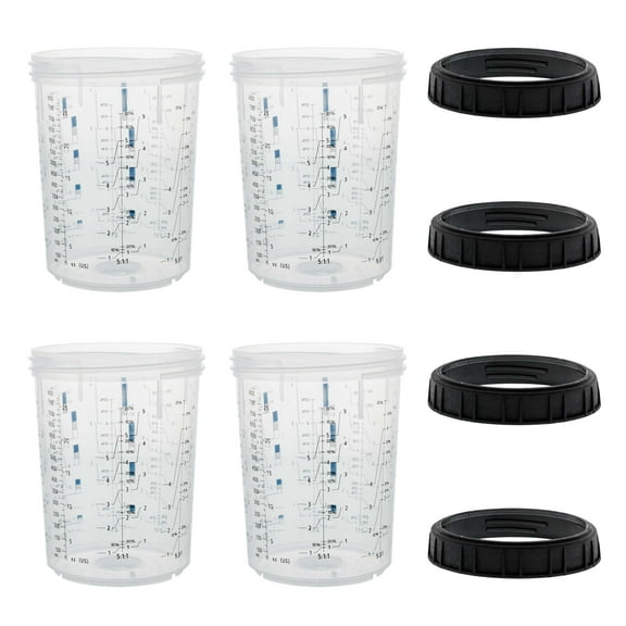 Master Paint System MPS, 4 Pack Set Standard 27 Ounce (800ml) Hard Cups and Retainer Rings, For Disposable Spray Gun Cup