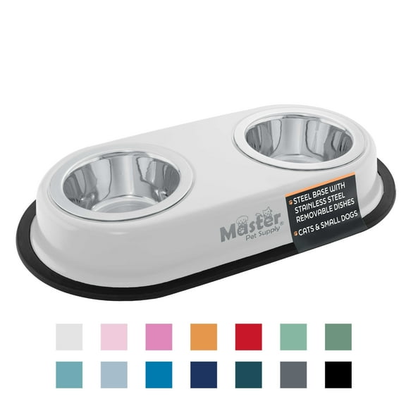 Master Pet Supply Double Dog Bowls Set with Elevated Base and 2 (8 oz) Stainless Steel Removable Dishes (Bone White) Double Cat Food Water Bowl, Dog Puppy Food Bowl Set, Rust Resistant