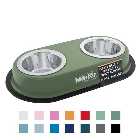 Master Pet Supply Double Dog Bowls Set with Elevated Base and 2 (8 oz) Stainless Steel Removable Dishes (Camo Patrol) Double Cat Food Water Bowl, Dog Puppy Food Bowl Set, Rust Resistant