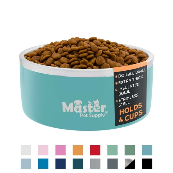 Master Pet Supply Stainless Steel Dog Bowls - 32 oz, Heavy Duty - Aqua Sky, Double Wall Extra-Thick Insulated, Non-Slip Pet Water Bowl for Dogs, Cats & Pets, Anti Rust Metal, Dish Washer Safe