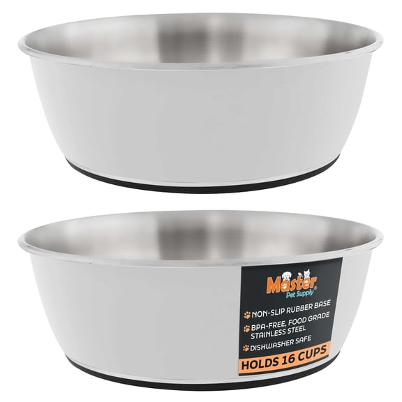 Master Pet Supply Stainless Steel Dog Bowls Set of 2 (128 Oz Each) with Non-Slip Rubber Base - Bone White - Basic Dog Food Bowl Water & Food Bowls for Small Medium Large Dogs & Cats, Metal Dish
