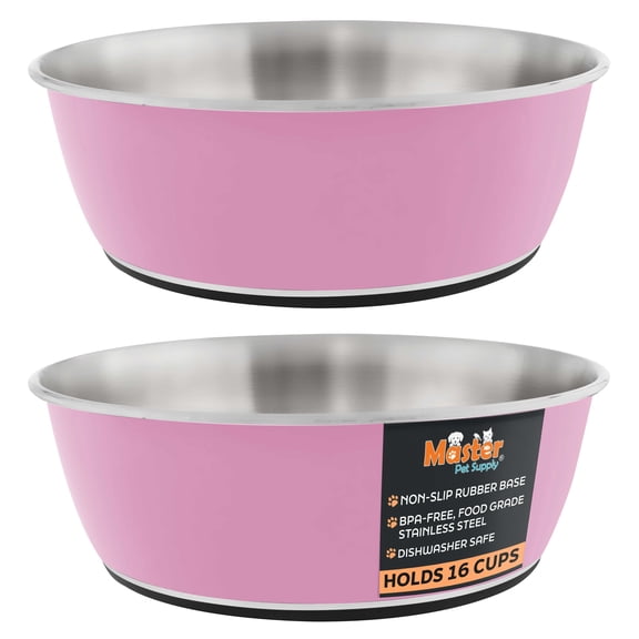 Master Pet Supply Stainless Steel Dog Bowls Set of 2 (128 Oz Each) with Non-Slip Rubber Base - Hyper Pink - Basic Dog Food Bowl Water & Food Bowls for Small Medium Large Dogs & Cats, Metal Dish