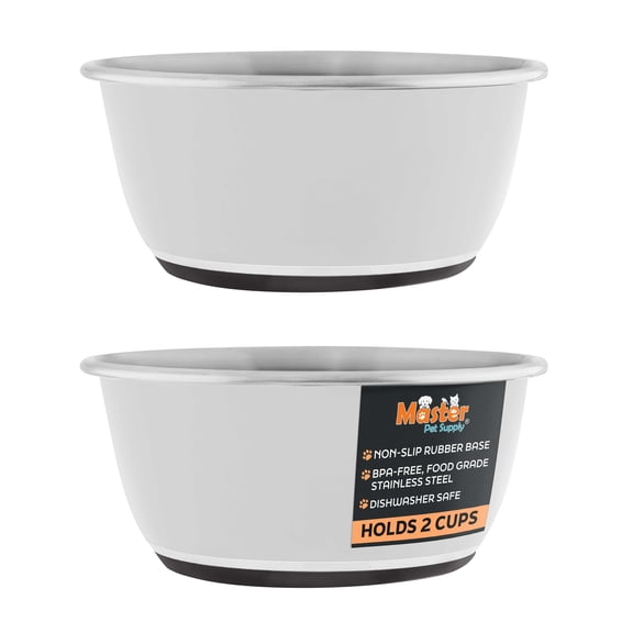 Master Pet Supply Stainless Steel Dog Bowls Set of 2 (16 Oz Each) with Non-Slip Rubber Base - Bone White - Basic Dog Food Bowl Water & Food Bowls for Small Medium Large Dogs & Cats, Metal Dish