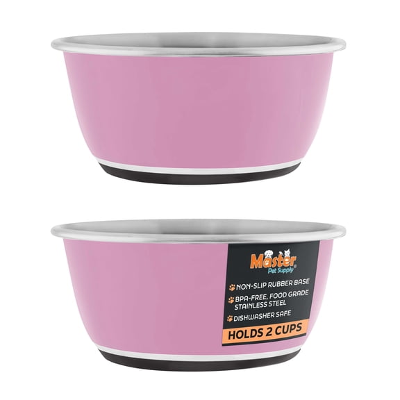 Master Pet Supply Stainless Steel Dog Bowls Set of 2 (16 Oz Each) with Non-Slip Rubber Base - Hyper Pink - Basic Dog Food Bowl Water & Food Bowls for Small Medium Large Dogs & Cats, Metal Dish