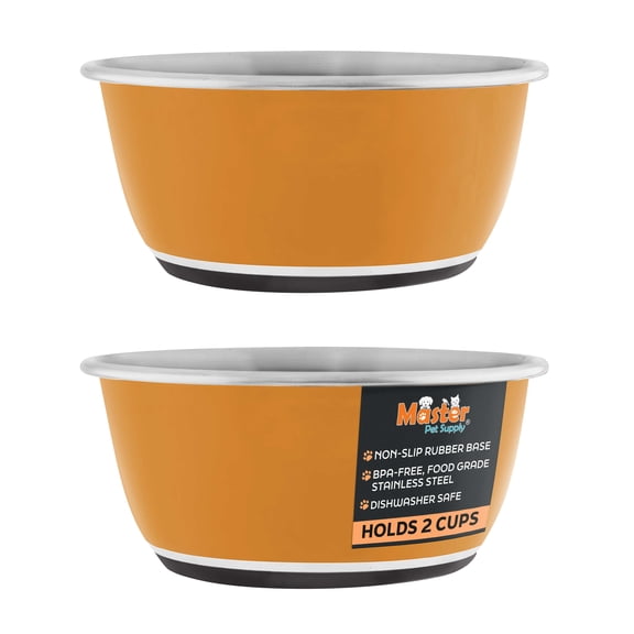 Master Pet Supply Stainless Steel Dog Bowls Set of 2 (16 Oz Each) with Non-Slip Rubber Base - Mango Tango - Basic Dog Food Bowl Water & Food Bowls for Small Medium Large Dogs & Cats, Metal Dish