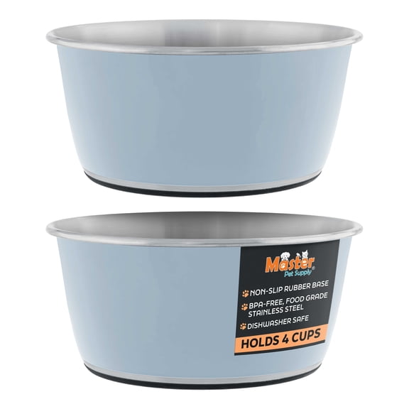Master Pet Supply Stainless Steel Dog Bowls Set of 2 (32 Oz Each) with Non-Slip Rubber Base - Glacier Blue - Basic Dog Food Bowl Water & Food Bowls for Small Medium Large Dogs & Cats, Metal Dish
