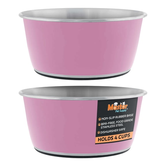 Master Pet Supply Stainless Steel Dog Bowls Set of 2 (32 Oz Each) with Non-Slip Rubber Base - Hyper Pink - Basic Dog Food Bowl Water & Food Bowls for Small Medium Large Dogs & Cats, Metal Dish