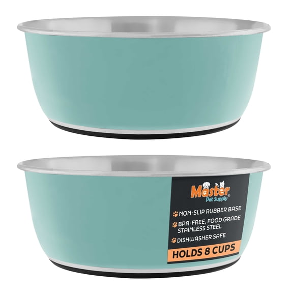 Master Pet Supply Stainless Steel Dog Bowls Set of 2 (64 Oz Each) with Non-Slip Rubber Base - Aqua Sky - Basic Dog Food Bowl Water & Food Bowls for Small Medium Large Dogs & Cats, Metal Dish