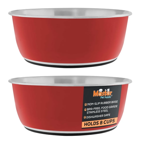 Master Pet Supply Stainless Steel Dog Bowls Set of 2 (64 Oz Each) with Non-Slip Rubber Base - Crimson Flame - Basic Dog Food Bowl Water & Food Bowls for Small Medium Large Dogs & Cats, Metal Dish