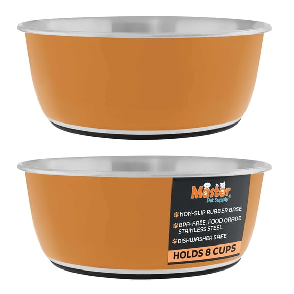 Master Pet Supply Stainless Steel Dog Bowls Set of 2 (64 Oz Each) with Non-Slip Rubber Base - Mango Tango - Basic Dog Food Bowl Water & Food Bowls for Small Medium Large Dogs & Cats, Metal Dish