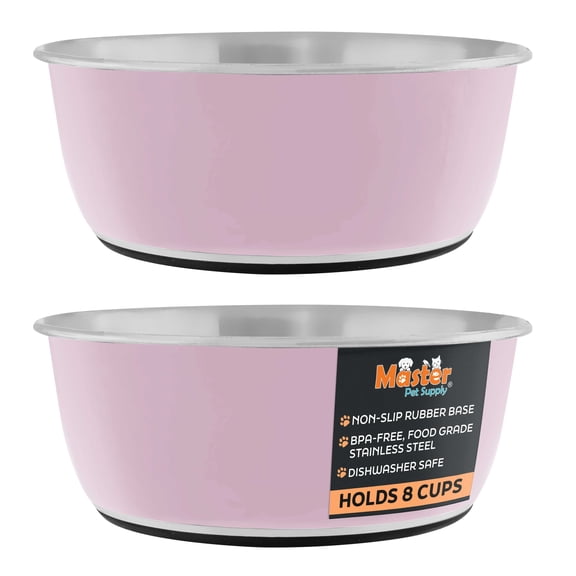Master Pet Supply Stainless Steel Dog Bowls Set of 2 (64 Oz Each) with Non-Slip Rubber Base - Rose Quartz - Basic Dog Food Bowl Water & Food Bowls for Small Medium Large Dogs & Cats, Metal Dish