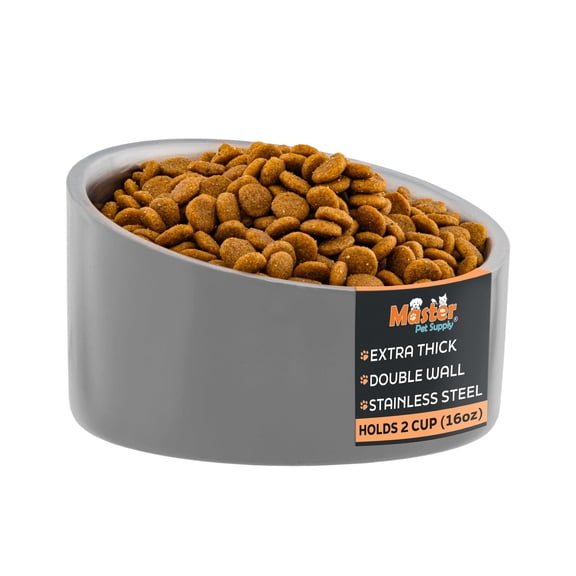 Master Pet Supply Stainless Steel Slanted Dog Cat Food Bowl - 16 oz Heavy Duty - Graphite, Double Wall Insulated, Non-Slip Elevated Bowl for French Bulldogs Pugs Cats, Anti Rust Dishwasher Safe