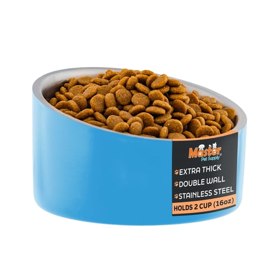 Master Pet Supply Stainless Steel Slanted Dog Cat Food Bowl - 16 oz Heavy Duty - True Blue, Double Wall Insulated, Non-Slip Elevated Bowl for French Bulldogs Pugs Cats, Anti Rust Dishwasher Safe