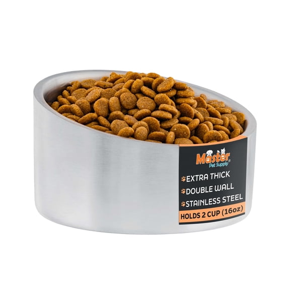 Master Pet Supply Stainless Steel Slanted Dog Cat Food Bowl - 16oz Heavy Duty - Stainless Steel, Double Wall Insulated, Non-Slip Elevated Bowl for French Bulldogs Pugs Cats, Anti Rust Dishwasher Safe