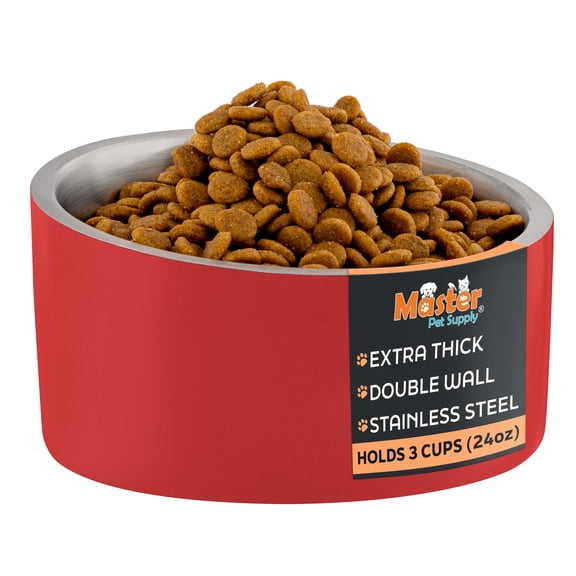 Master Pet Supply Stainless Steel Slanted Dog Cat Food Bowl - 24 oz Heavy Duty - Crimson Flame, Double Wall Insulated, Non-Slip Elevated Bowl for French Bulldogs Pugs Cats, Anti Rust Dishwasher Safe