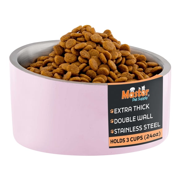 Master Pet Supply Stainless Steel Slanted Dog Cat Food Bowl - 24 oz Heavy Duty - Rose Quartz, Double Wall Insulated, Non-Slip Elevated Bowl for French Bulldogs Pugs Cats, Anti Rust Dishwasher Safe