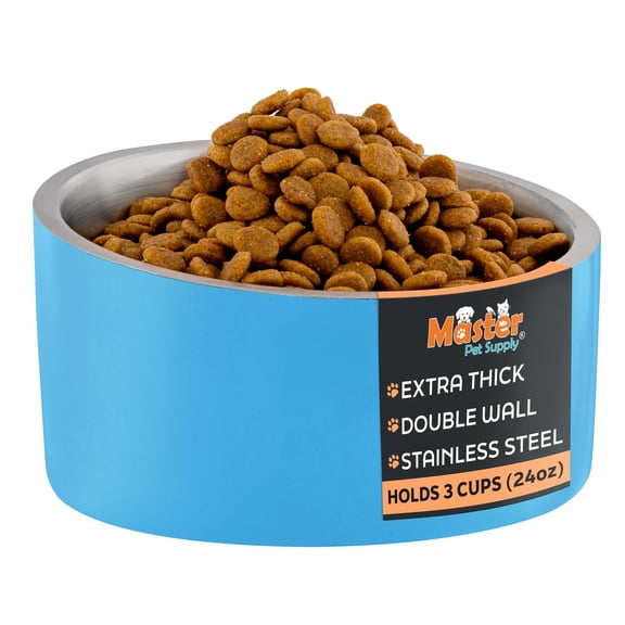 Master Pet Supply Stainless Steel Slanted Dog Cat Food Bowl - 24 oz Heavy Duty - True Blue, Double Wall Insulated, Non-Slip Elevated Bowl for French Bulldogs Pugs Cats, Anti Rust Dishwasher Safe