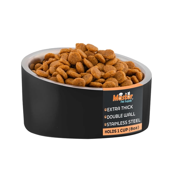 Master Pet Supply Stainless Steel Slanted Dog Cat Food Bowl - 8 oz Heavy Duty - Black Velvet, Double Wall Insulated, Non-Slip Elevated Bowl for French Bulldogs Pugs Cats, Anti Rust Dishwasher Safe