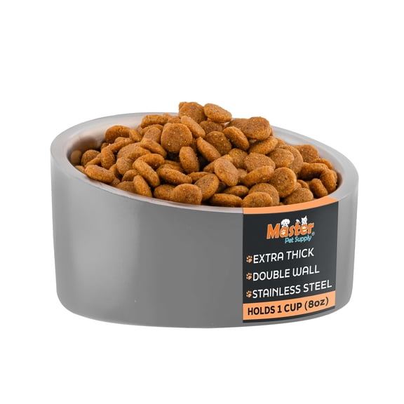 Master Pet Supply Stainless Steel Slanted Dog Cat Food Bowl - 8 oz Heavy Duty - Graphite, Double Wall Insulated, Non-Slip Elevated Bowl for French Bulldogs Pugs Cats, Anti Rust Dishwasher Safe