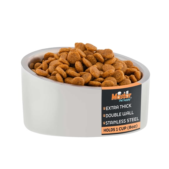 Master Pet Supply Stainless Steel Slanted Dog Cat Food Bowl - 8 oz Heavy Duty - Bone White, Double Wall Insulated, Non-Slip Elevated Bowl for French Bulldogs Pugs Cats, Anti Rust Dishwasher Safe