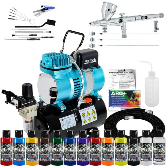 Master Precision Detail Control G444 Airbrush Kit with 3 Tips and Master Air Compressor TC-326T, Createx Wicked Colors 12 Color Airbrush Paint Set and Airbrush Cleaning Kit