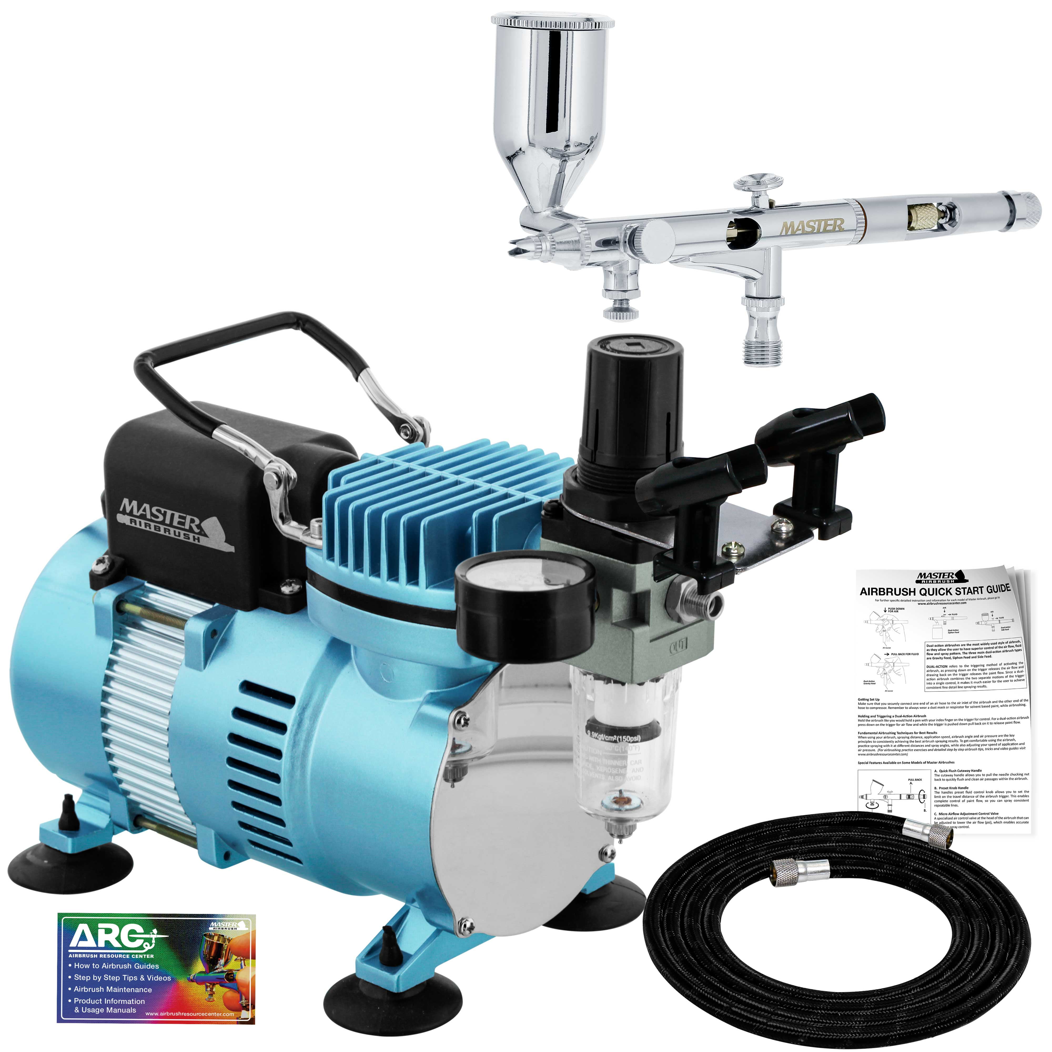 Master Airbrush SB86 High Precision Detail Control Dual-Action Side Feed Airbrush Set with Cool Runner II Dual Fan Air Compressor Kit, 0.2mm Tip, 1/2oz Gravity Cup - Spray Auto Graphics, Illustration