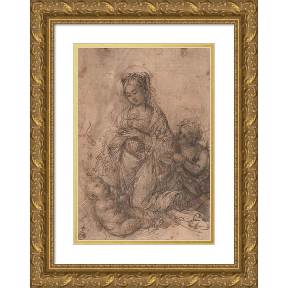 Master of Santo Spirito 11x14 Gold Ornate Wood Frame and Double Matted Museum Art Print Titled - Virgin Adoring the Christ Child with Saint John the Baptist (ca. 1500-1515)