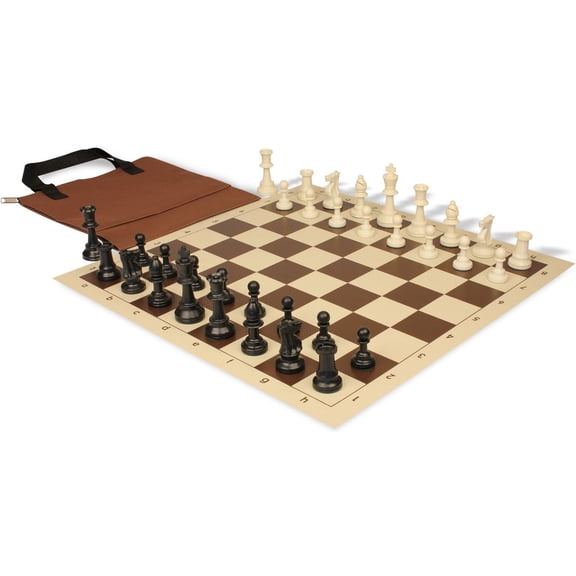 Standard Club Easy-Carry Plastic Chess Set - Black & Ivory Pieces with Vinyl Rollup Board - Brown