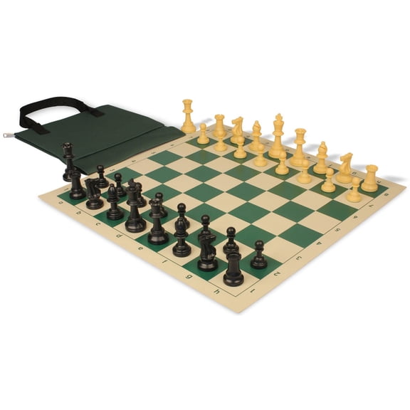 Standard Club Easy-Carry Plastic Chess Set - Black & Camel Pieces with Vinyl Rollup Board - Green