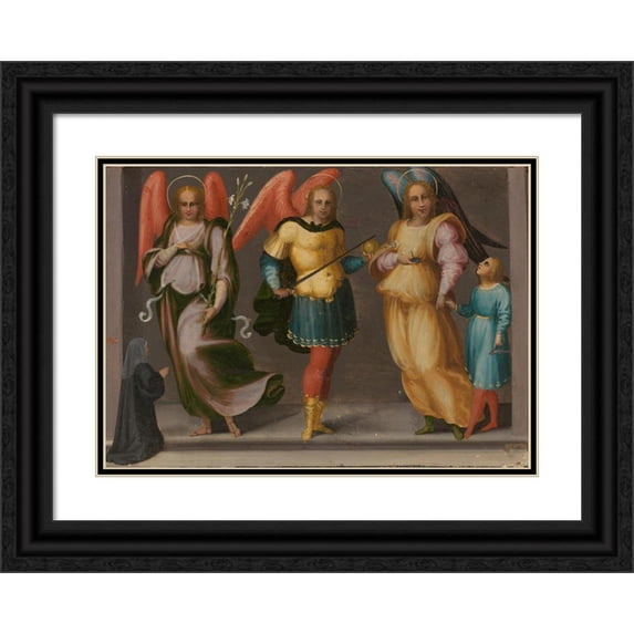 Master of Serumido 18x14 Black Ornate Wood Framed Double Matted Museum Art Print Titled - Archangels Gabriel, Michael, and Raphael with Tobias and a Female Donor (ca. 1520-25)