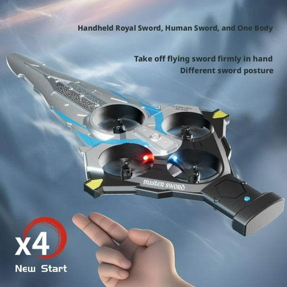 Master Sword V55 Rc Flying Sword Quadcopter Drone Silver Remote Control Toy - With Led Lights, Interactive Gesture Sensing Control, Remote Controller - Boys Girls