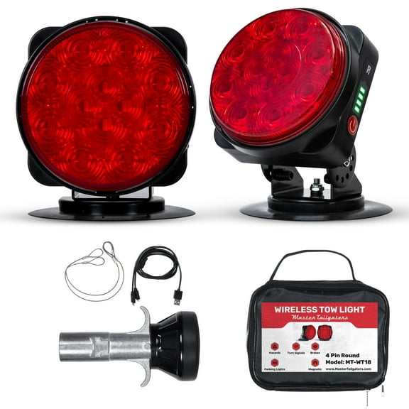 Master Tailgaters Wireless Pivot Tow Lights with Battery | Multi Functional Signal Lights | Sturdy Magnetic Mount | 4 Pin Round Connection | Carrying Bag Included