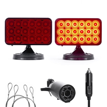 Master Tailgaters Wireless Tow Hitch Lights - Rechargeable Battery - Magnetic Mount - 7 Pin Blade Round Adapter to 4 Pin Plug, 100 Feet Range + Safety Straps