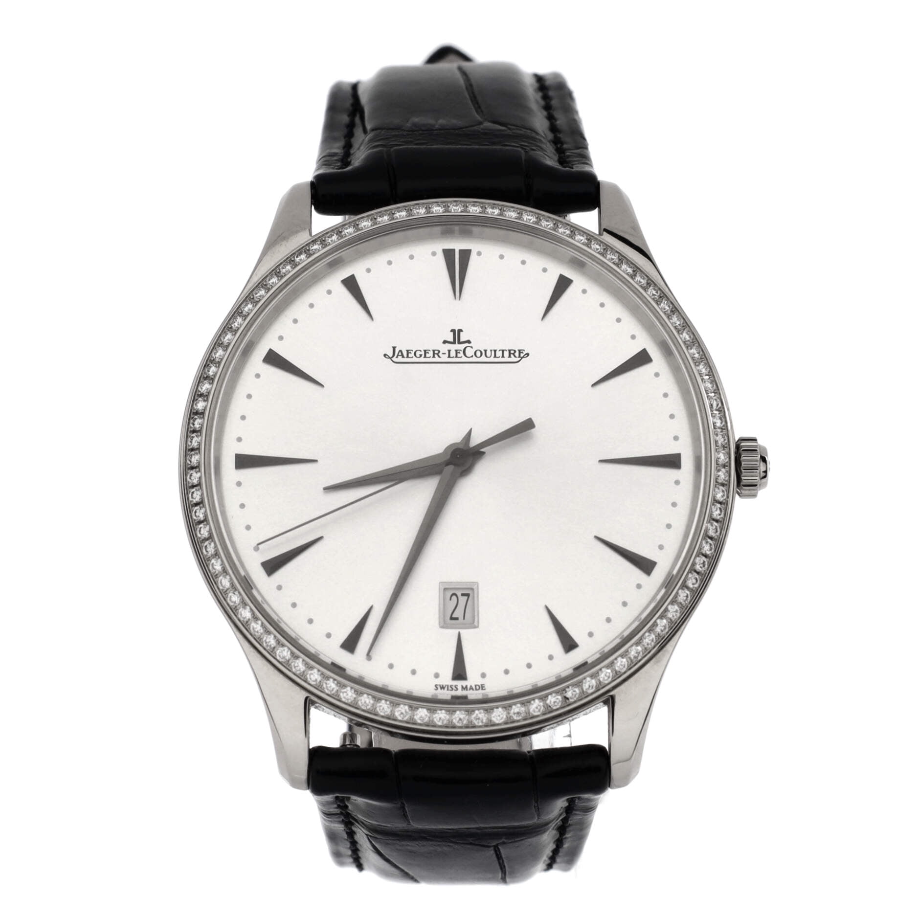 JAEGER LECOULTRE Master Ultra Thin Date Automatic Watch White Gold and Alligator with Diamond Bezel 40 by Rebag